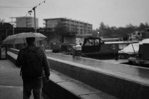 man, rain, outdoors, city, umbrella, bristol, england, street, urban, uk, britain, weather, mood, rainy, dark, nature, black and white